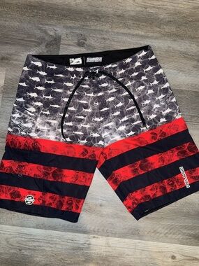Pelagic Men’s Black, White & Red Shark-Stripe Board Shorts